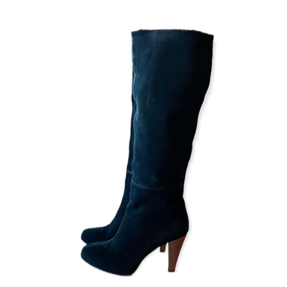 Joie Caviar Black Suede Tall Heeled Boots With Stitching detail round toe